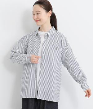 コットン平織りストーリー刺繍入りロングシャツ(ブルーストライプ-L)