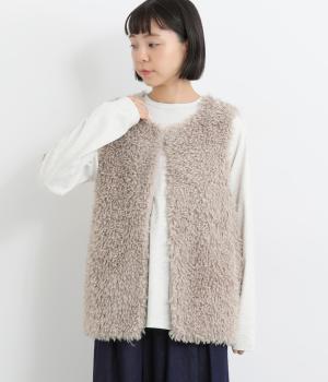 ポリエステルプードルボアタフタベスト(グレーベージュ-L)