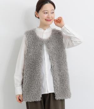 ポリエステルプードルボアタフタベスト(グレー-L)