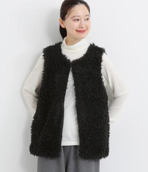 ポリエステルプードルボアタフタベスト(ブラック-L)