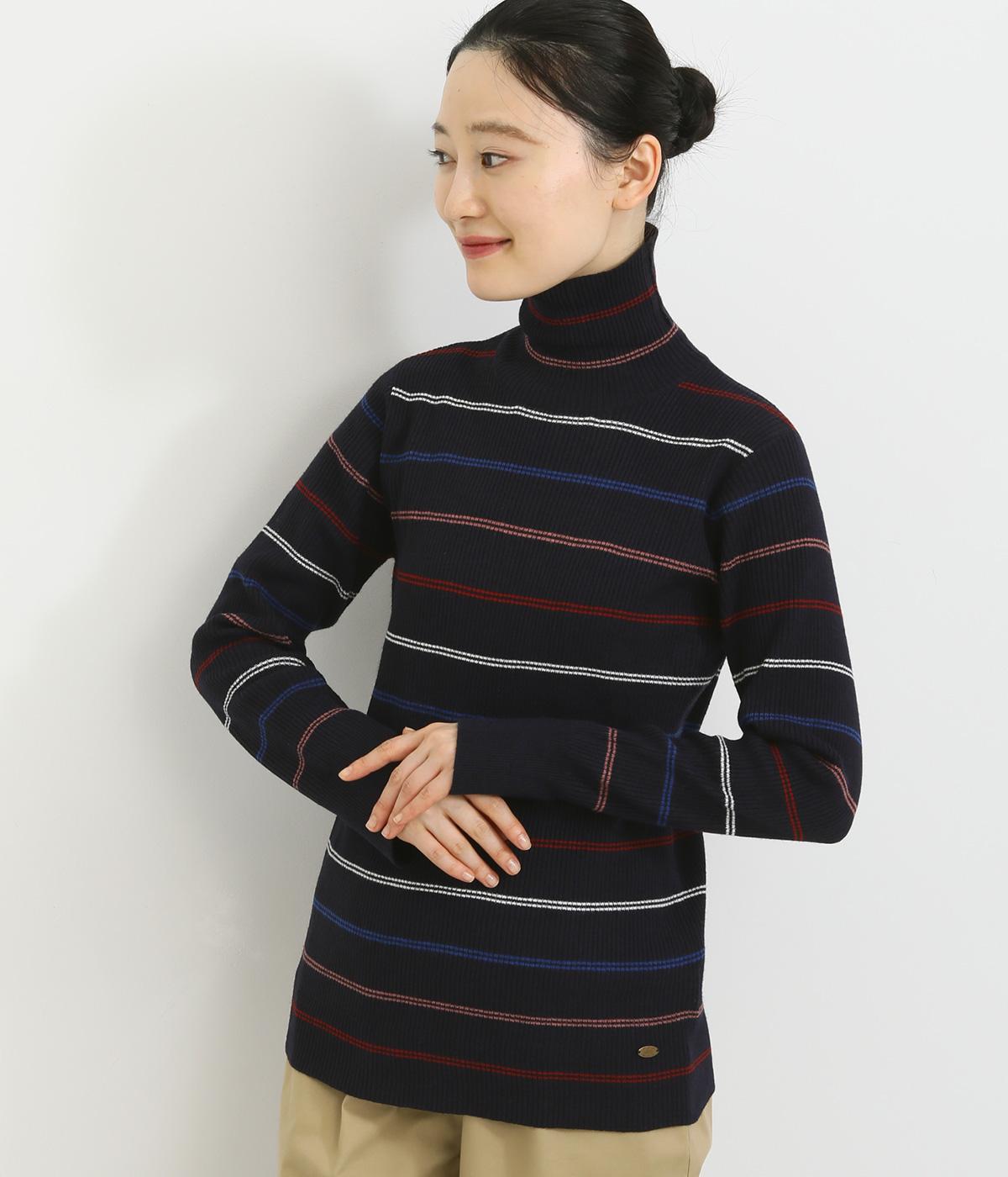 袖スリットタートルニットプルオーバー(ネイビー系マルチボーダー-M)
