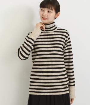 袖スリットタートルニットプルオーバー(ベージュ×ブラック-M)