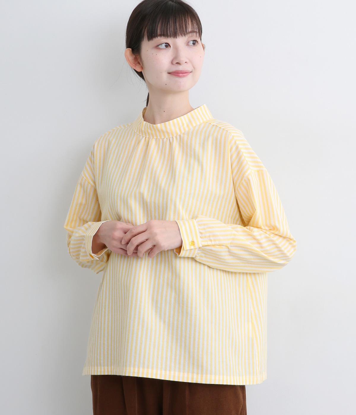 ハイネックプルオーバーブラウス(イエローストライプ-M)