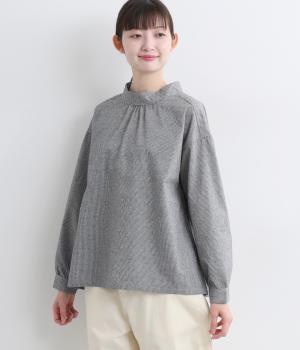 ハイネックプルオーバーブラウス(ブラックギンガムチェック-L)