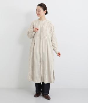 コットンビエラ微起毛ボザムシャツワンピース(ベージュ×ブラックストライプ-L)