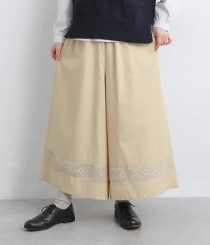 レース付きワイドパンツ(ライトベージュ-L)