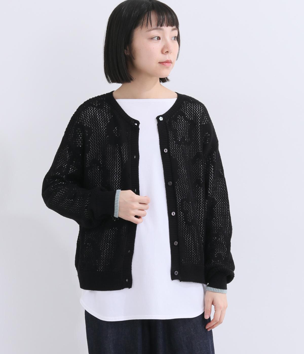 お花メッシュジャカードニットカーディガン(ブラック-M)