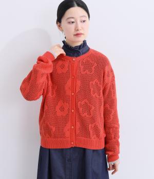 お花メッシュジャカードニットカーディガン(レッド-M)