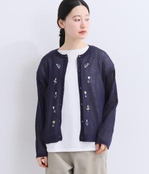 草花刺繍シアーニットカーディガン