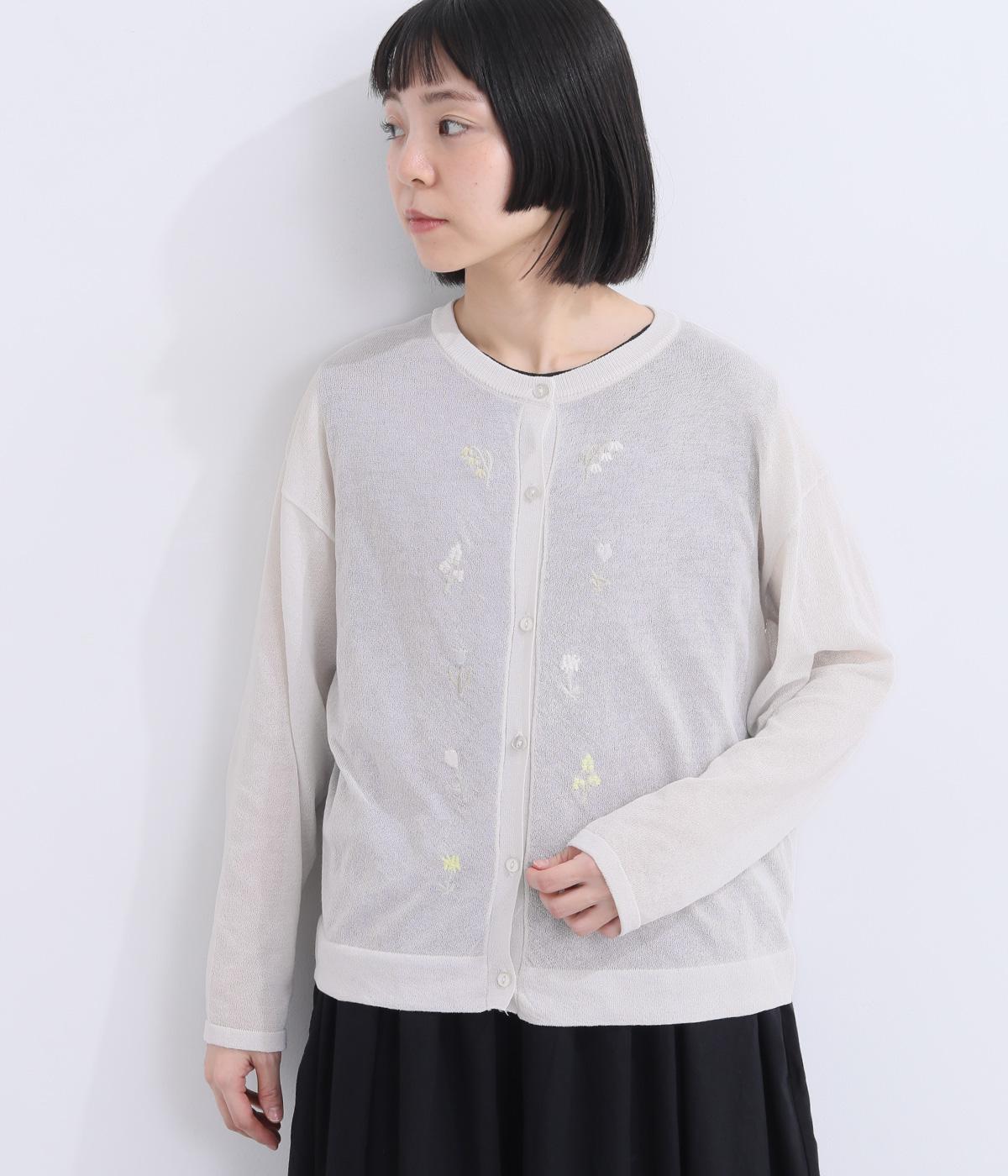 草花刺繍シアーニットカーディガン(オフホワイト-M)