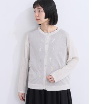 草花刺繍シアーニットカーディガン(オフホワイト-M)