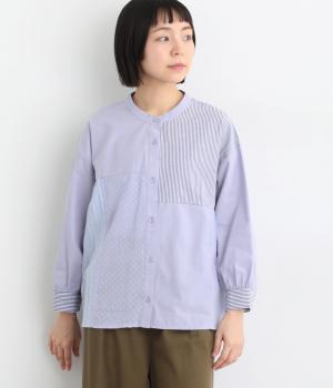 パッチワークシャツ(ブルー-L)