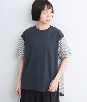 布帛使いロングＴシャツ(ネイビー-L)