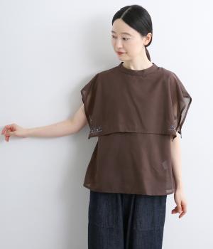 ケープ刺繍ブラウス(ブラウン-L)