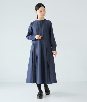 ピンタック＆プリーツワンピース(ネイビー-L)