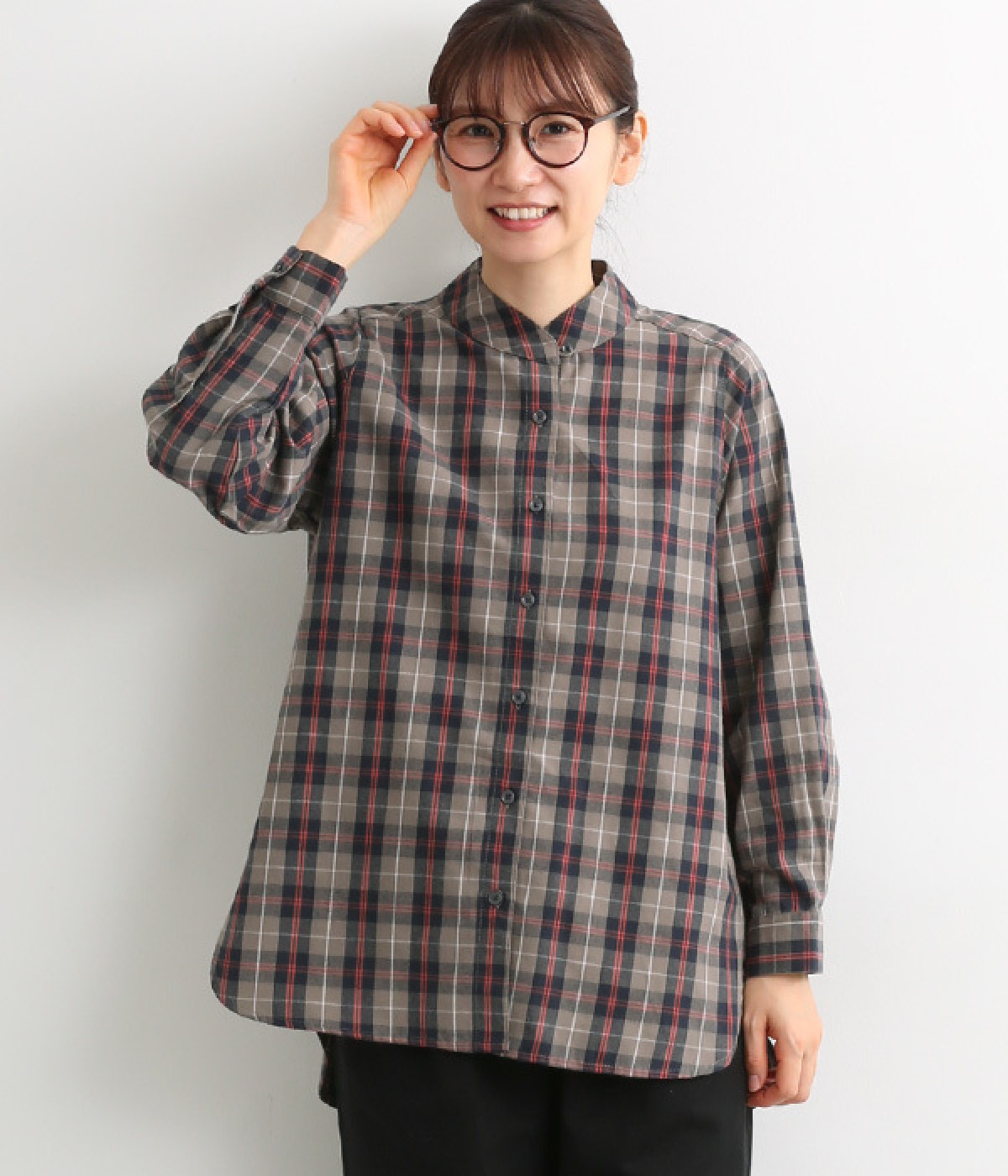 ヘリンボーンチェックブラウス(グレー-L)