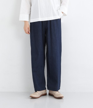 コットンリネンワイドテーパードパンツ(インディゴネイビー-M)