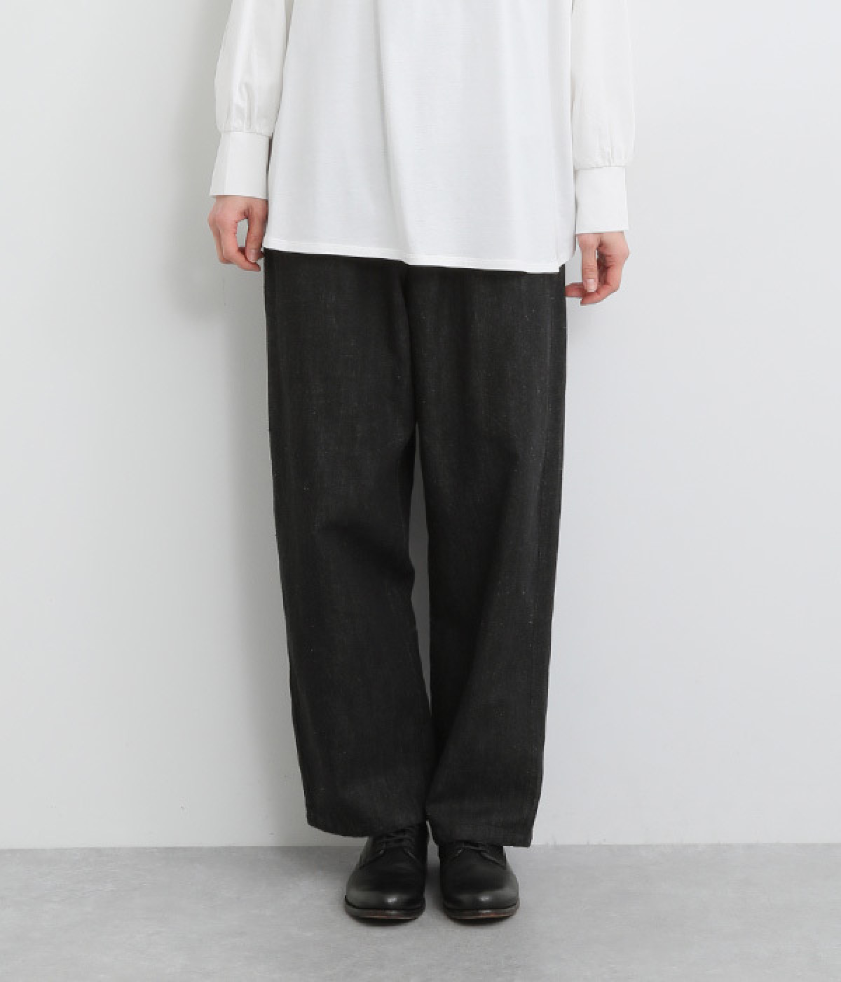 コットンリネンワイドテーパードパンツ(ブラック-M)