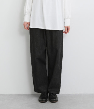 コットンリネンワイドテーパードパンツ(ブラック-M)