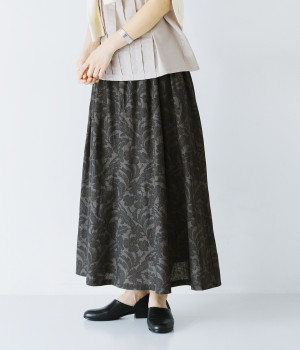 レースプリントギャザースカート(ブラック-M)