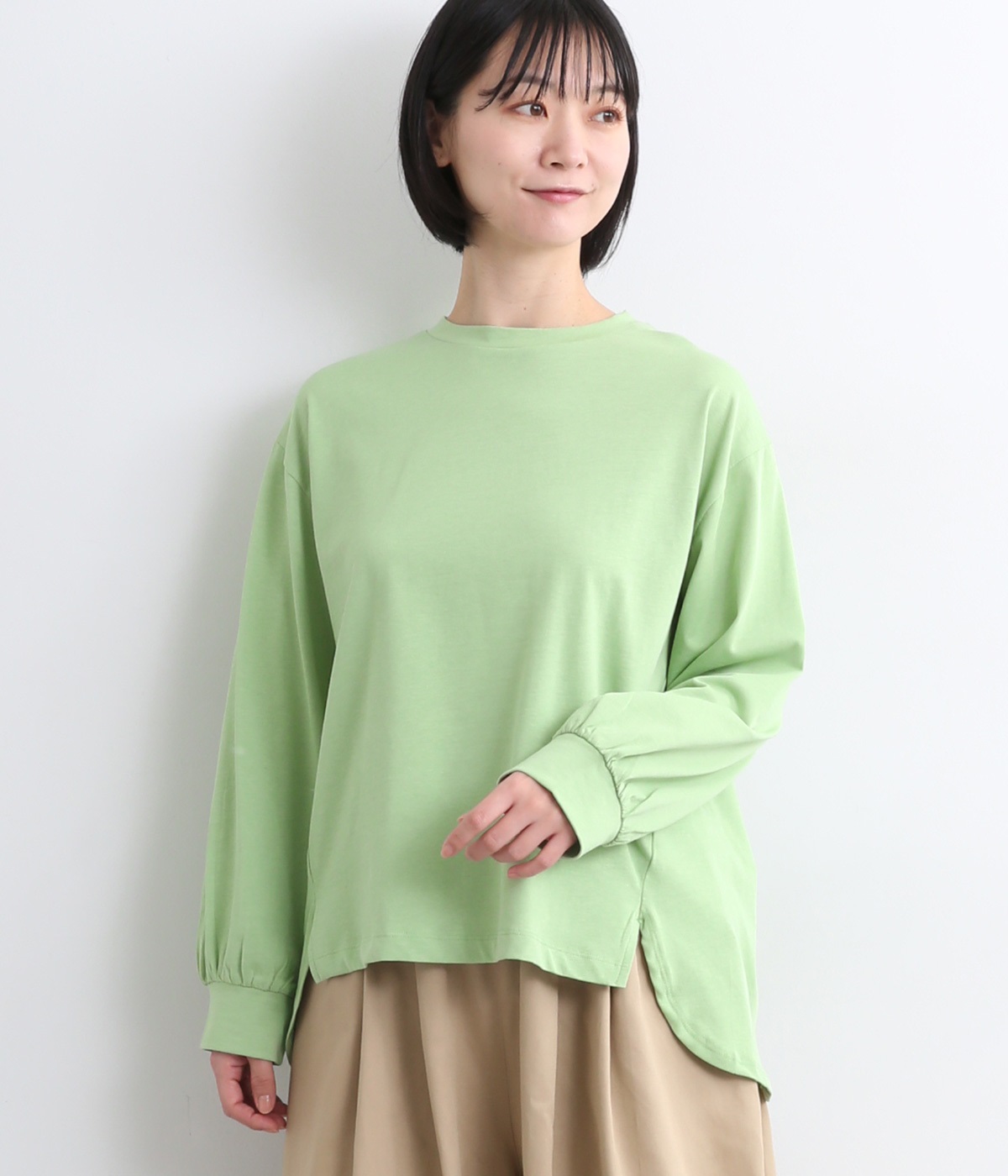 ハイツイストコットンカフスリーブプルオーバー(グリーン-M)