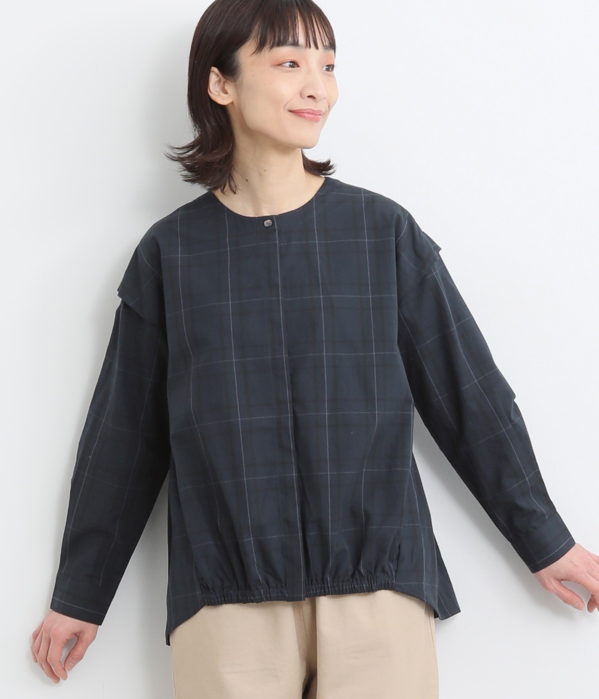 ヘムギャザーシャツ(ネイビー-M)