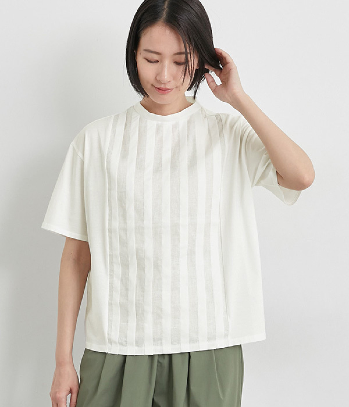 布帛タックハーフスリーブTシャツ(オフホワイト-L)