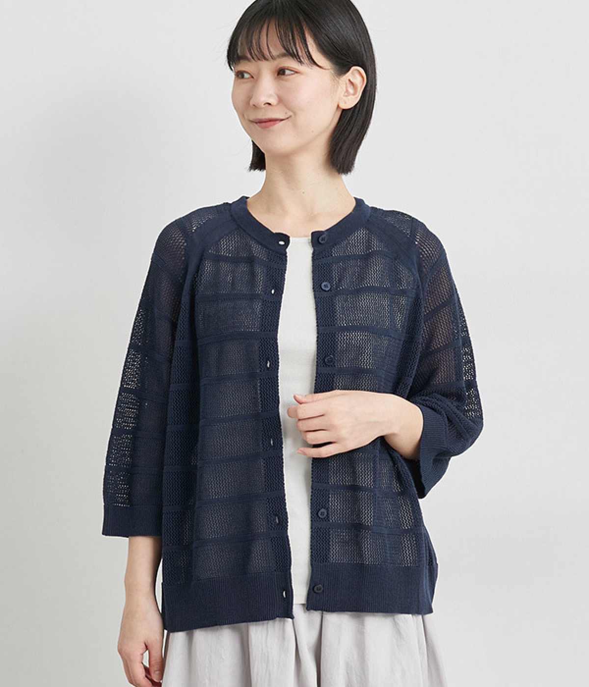 メッシュ編みニットカーディガン(ネイビー-M)