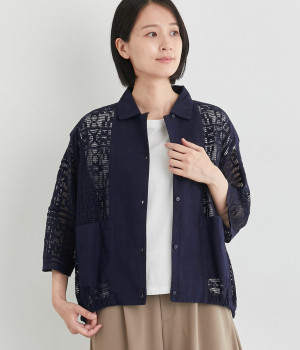 コットンレースカーディガン(ネイビー-L)