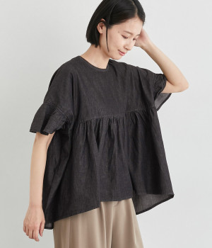 コットンツイルギャザープルオーバー(ブラックデニム-ONESIZE)