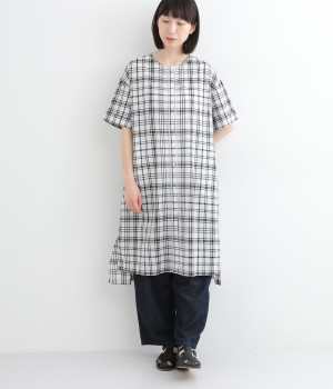 先染めチェックリップルチュニック(ブラックチェック-M)