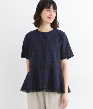 先染めチェックリップルブラウス