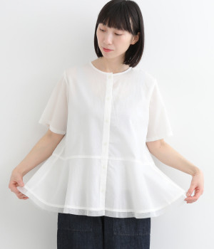 先染めチェックリップルブラウス(オフホワイト-L)