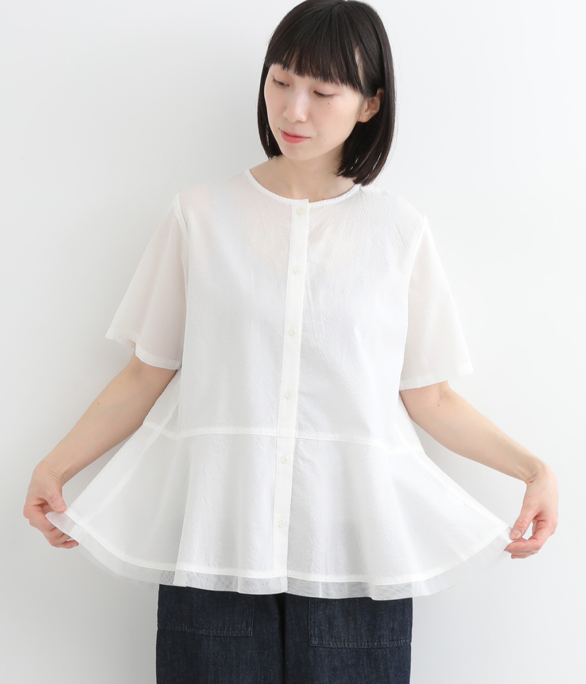 先染めチェックリップルブラウス(オフホワイト-M)