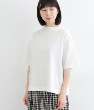 チュールスリーブボトルネックTシャツ(オフホワイト-L)