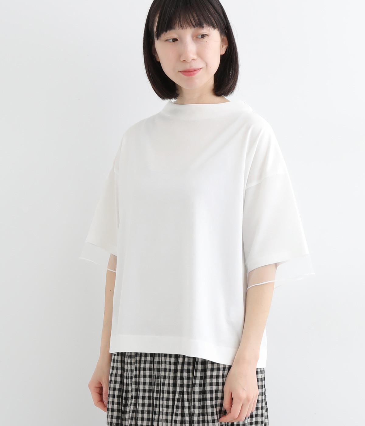 チュールスリーブボトルネックTシャツ(オフホワイト-M)