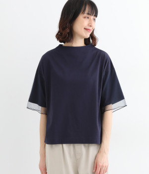 チュールスリーブボトルネックTシャツ(ネイビー-L)