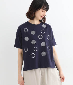 ドット刺繍Tシャツ(ネイビー-L)