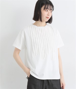 コットンブレンドプレーディング天竺フロントフリルTシャツ(オフホワイト-L)