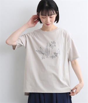 コットン天竺リキュール刺繍Tシャツ(グレージュ-L)