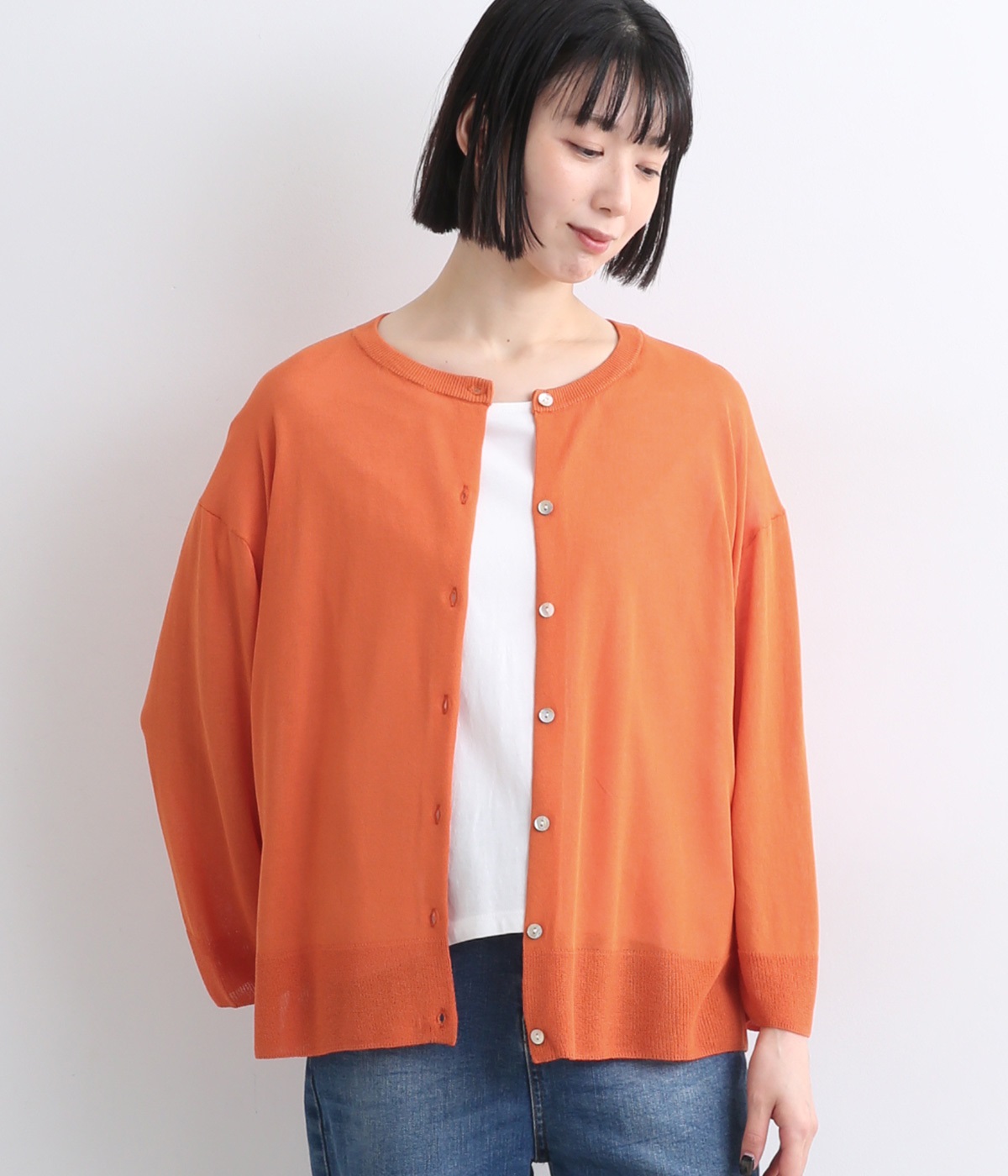 ビスコースナイロン強撚糸ライト2wayカーディガン(オレンジ-L)