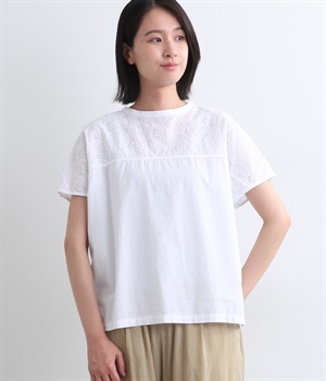 コットンブロードコットンローン刺繍平織りエンブロイダリー2wayブラウス(オフホワイト-L)