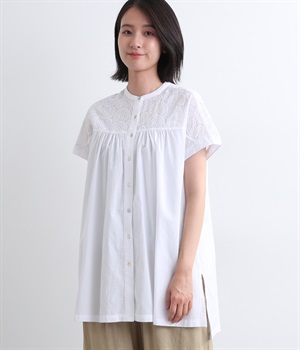 コットンブロードコットンローン刺繍平織りエンブロイダリーヨークロングシャツ(オフホワイト-ONESIZE)