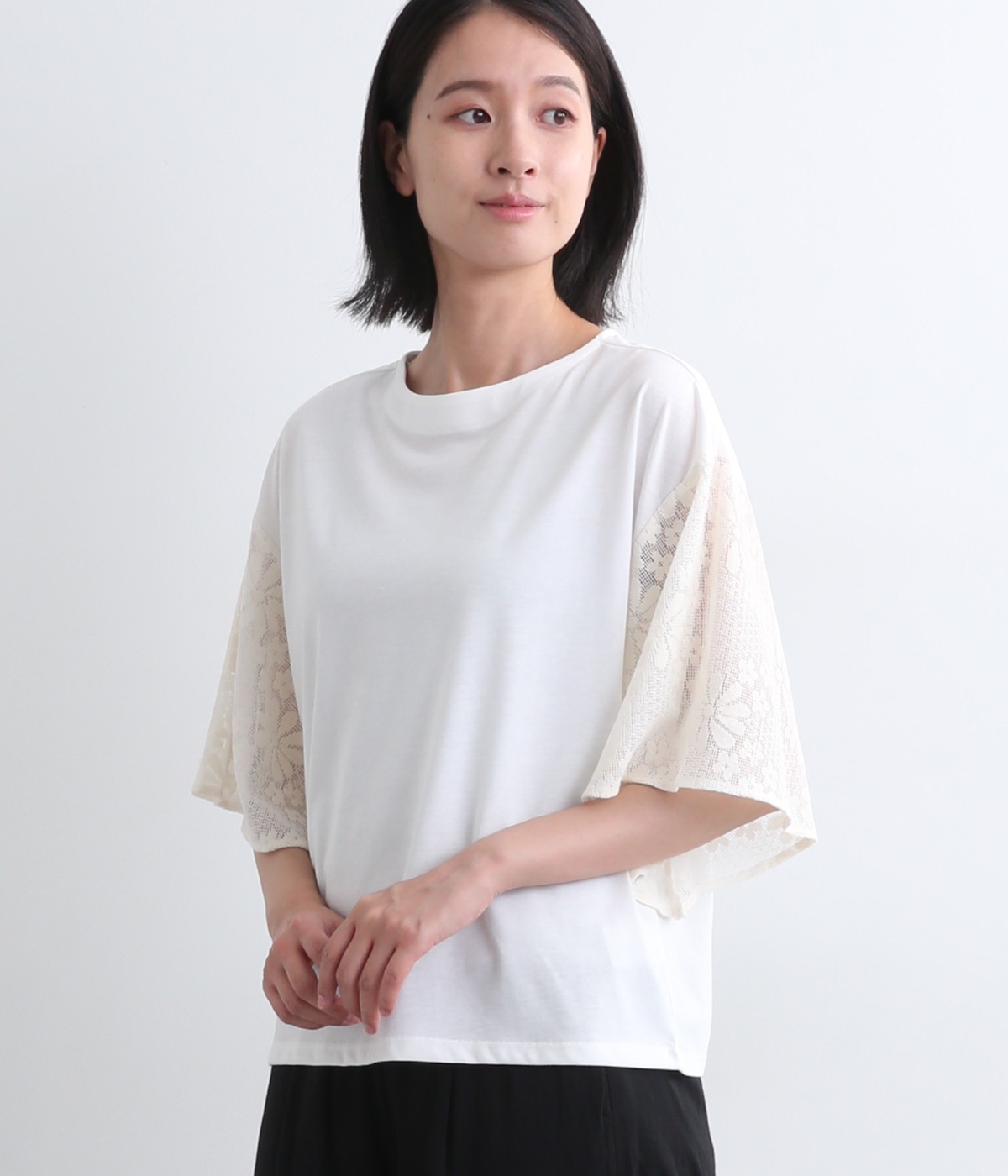 コットン天竺ジャカードレーススリーブTシャツ(オフホワイト-M)