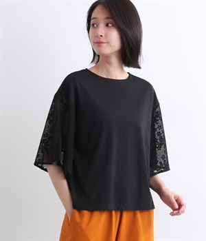 コットン天竺ジャカードレーススリーブTシャツ(ブラック-L)
