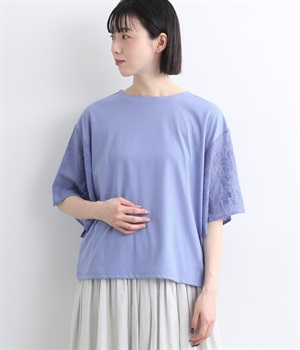 コットン天竺ジャカードレーススリーブTシャツ(ブルー-L)