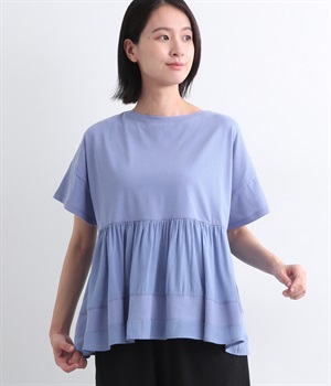 コットン天竺レーヨンMIX平織りギャザー布帛コンビTシャツ