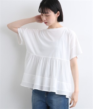 コットン天竺レーヨンMIX平織りギャザー布帛コンビTシャツ(オフホワイト-ONESIZE)