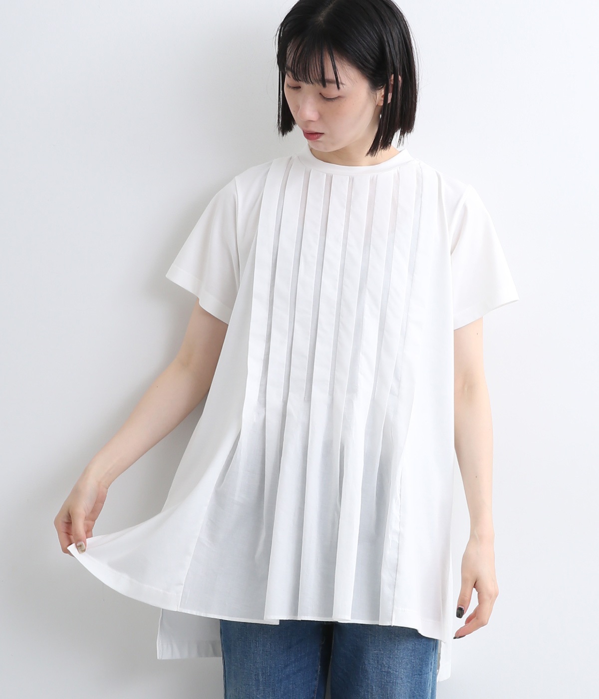 コットンブレンドプレーディング天竺フロントタックプルオーバー(オフホワイト-M)