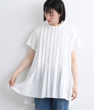 コットンブレンドプレーディング天竺フロントタックプルオーバー(オフホワイト-M)